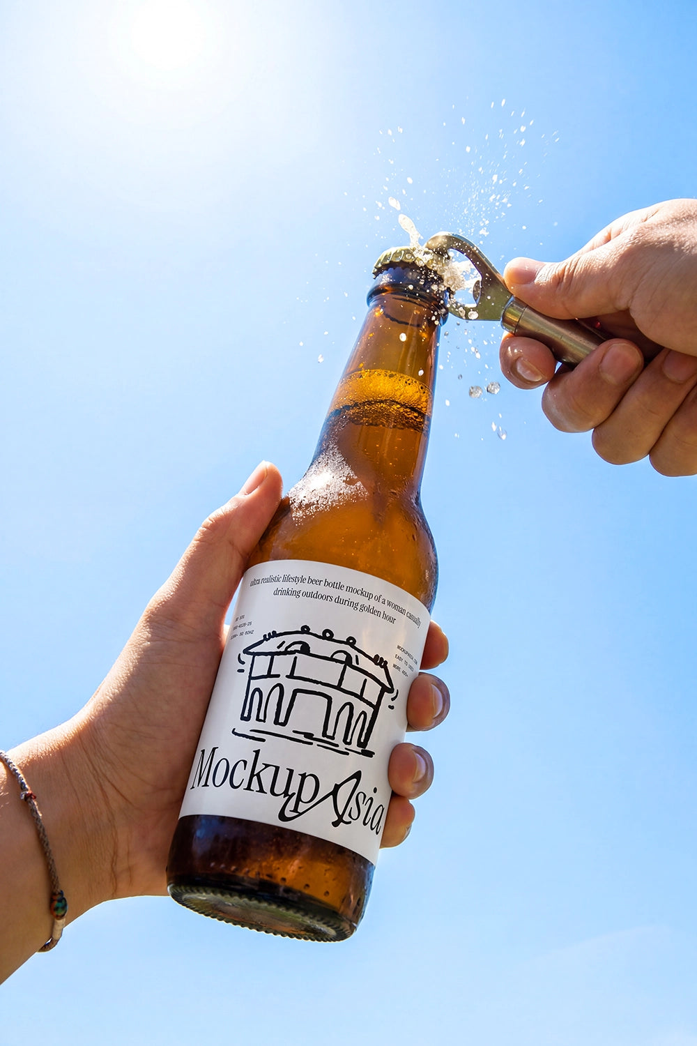 Realistic beer bottle mockup with splash effect and outdoor branding presentation
