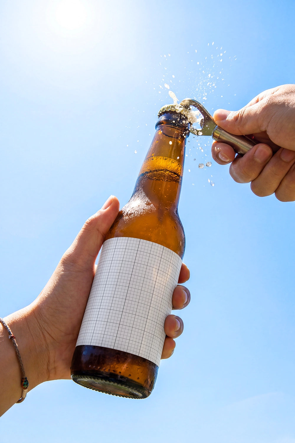 Craft beer packaging mockup with realistic condensation and sunlight reflections