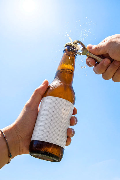Craft beer packaging mockup with realistic condensation and sunlight reflections