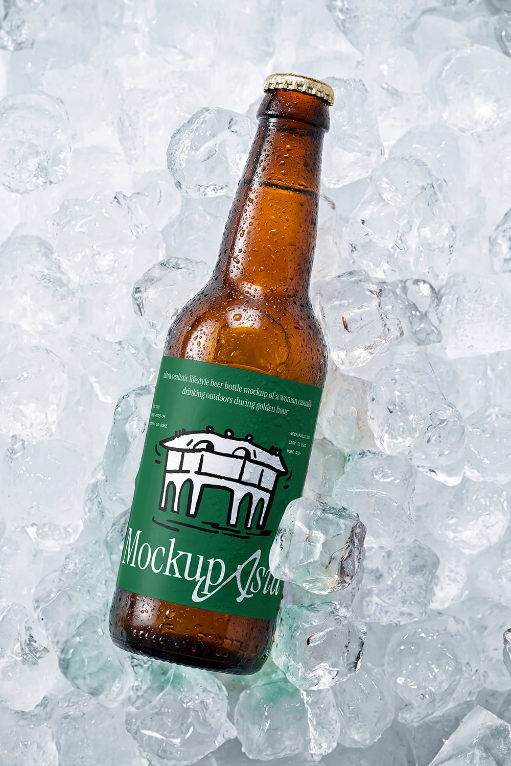 Amber glass bottle PSD mockup with condensation and frozen ice texture