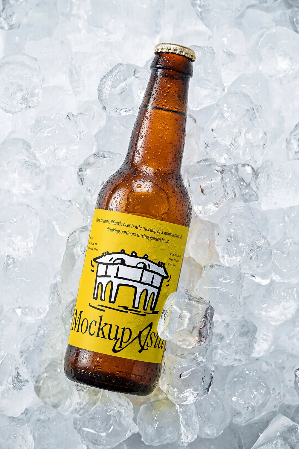 Cold beverage packaging mockup with realistic beer bottle and ice cubes