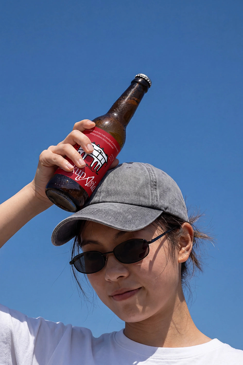 Outdoor beer bottle mockup held above head under blue sky