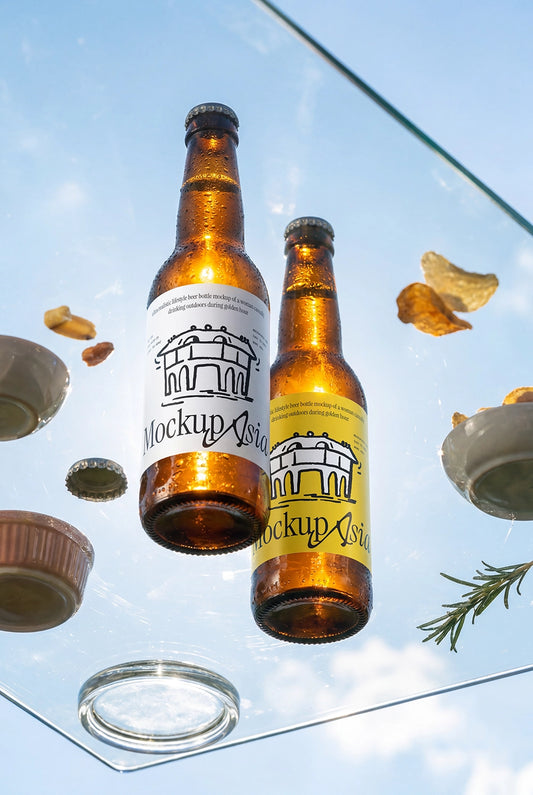 Floating amber beer bottle mockup photographed through transparent glass
