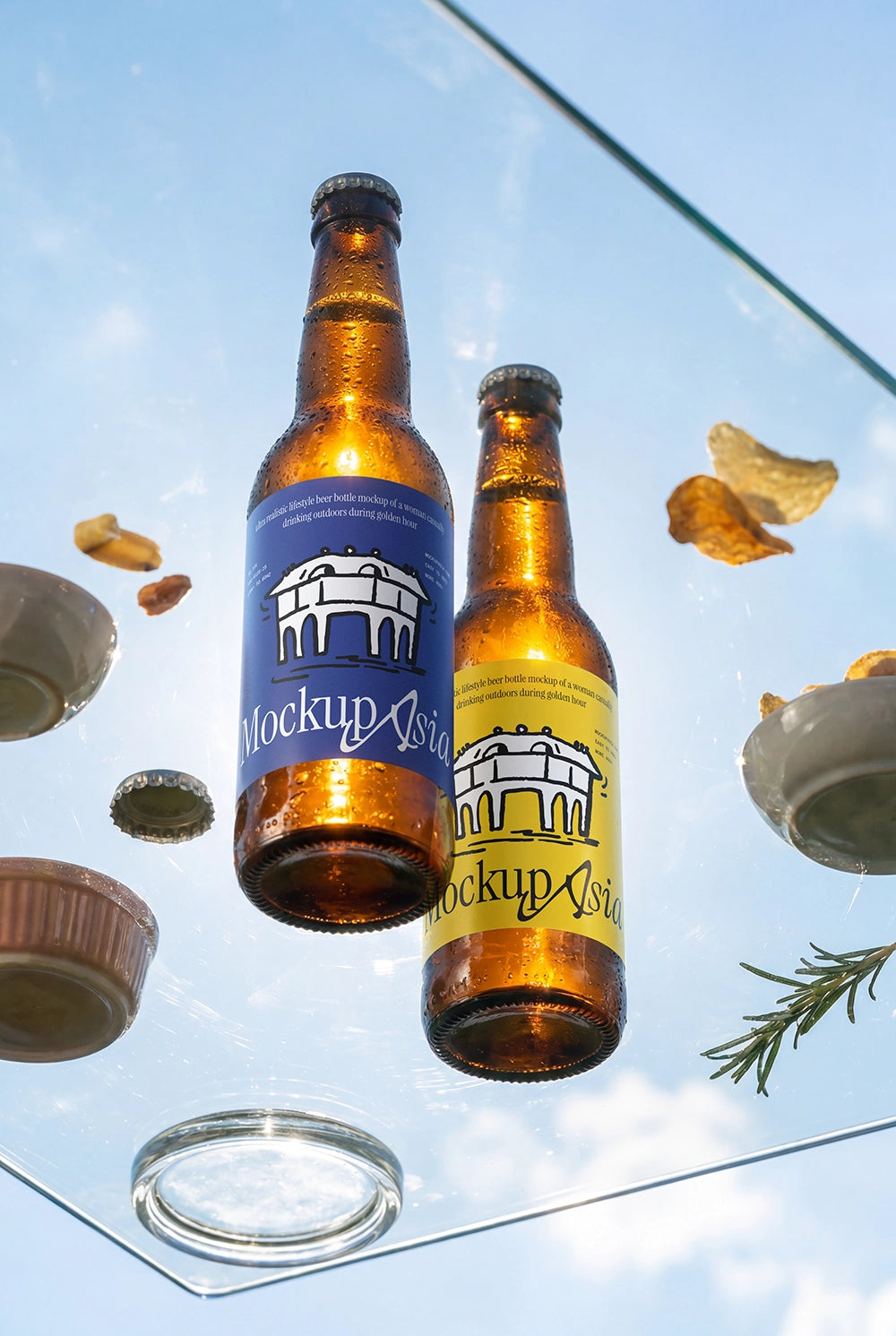 Premium beverage branding PSD mockup with realistic outdoor reflections
