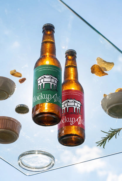 Two floating beer bottles with editable labels and natural sunlight texture