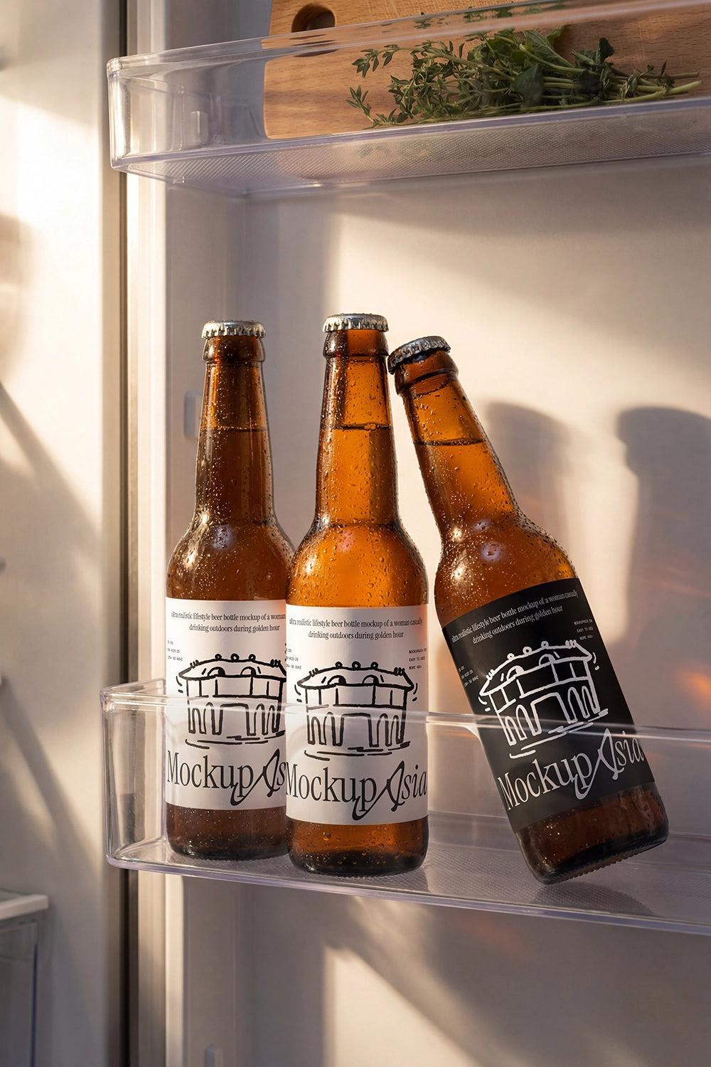 Beer bottle mockup inside refrigerator with realistic condensation texture