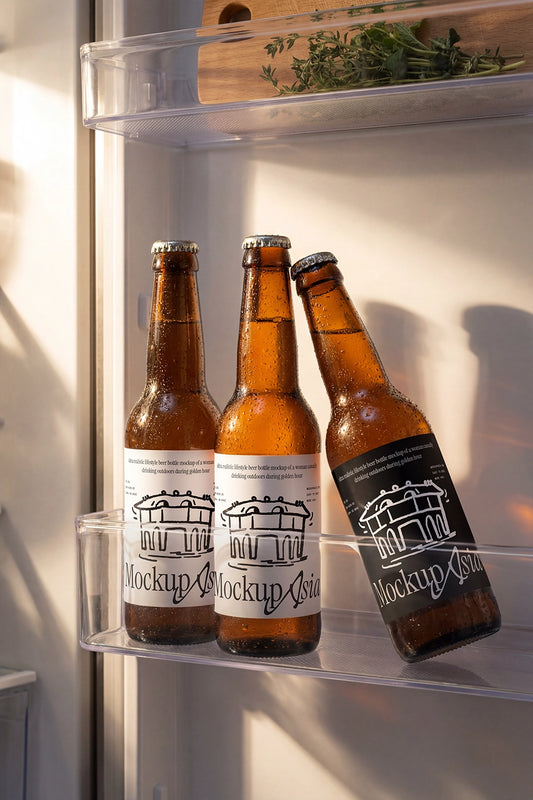Beer bottle mockup inside refrigerator with realistic condensation texture