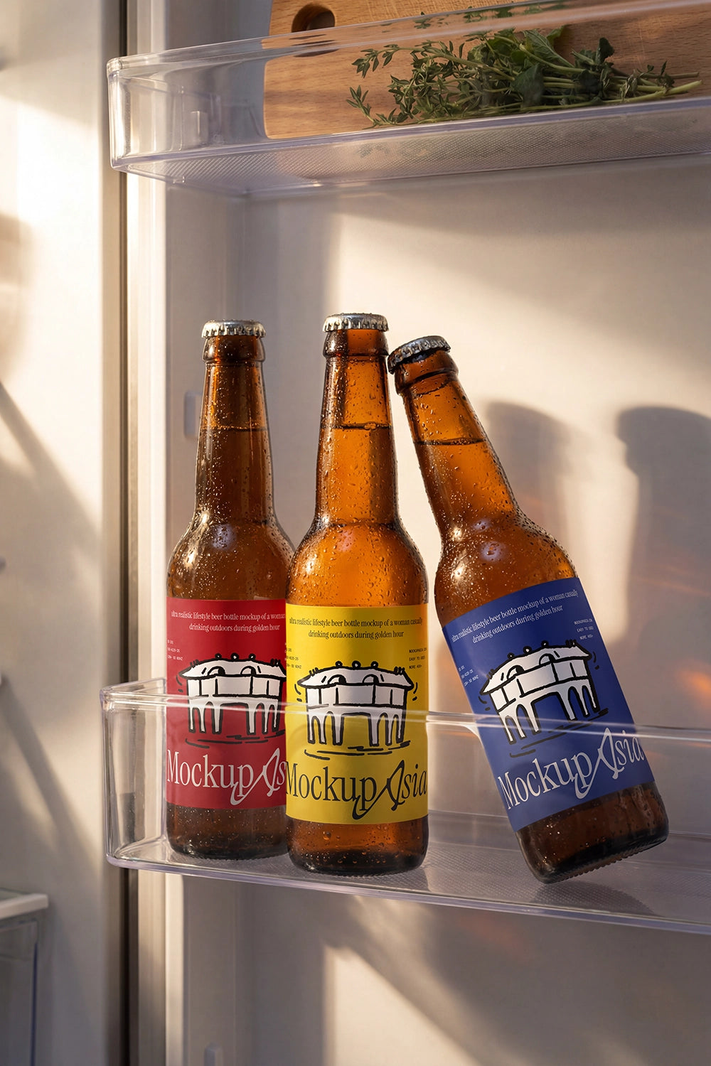 Amber glass beverage bottle PSD mockup displayed in fridge compartment