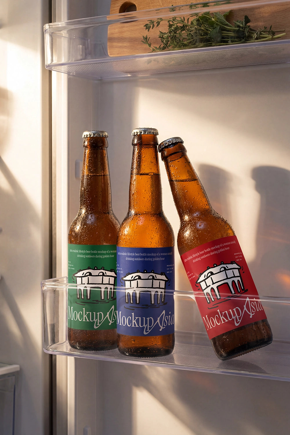 Realistic chilled beer bottle branding mockup with editable label design