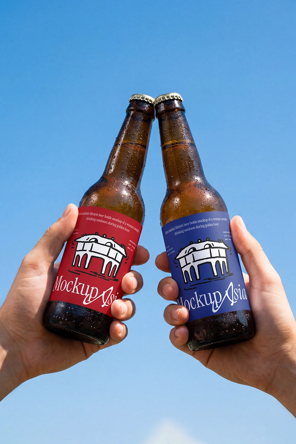 Cheers beer bottle mockup with editable labels and natural sunlight lighting