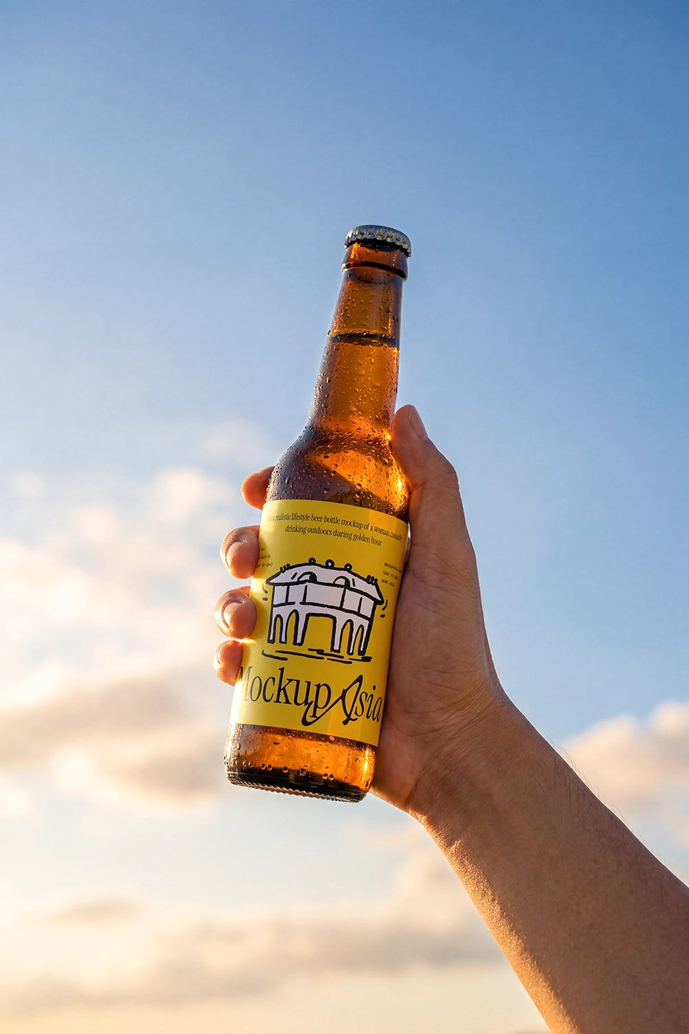 Outdoor beer bottle mockup with editable label and condensation texture