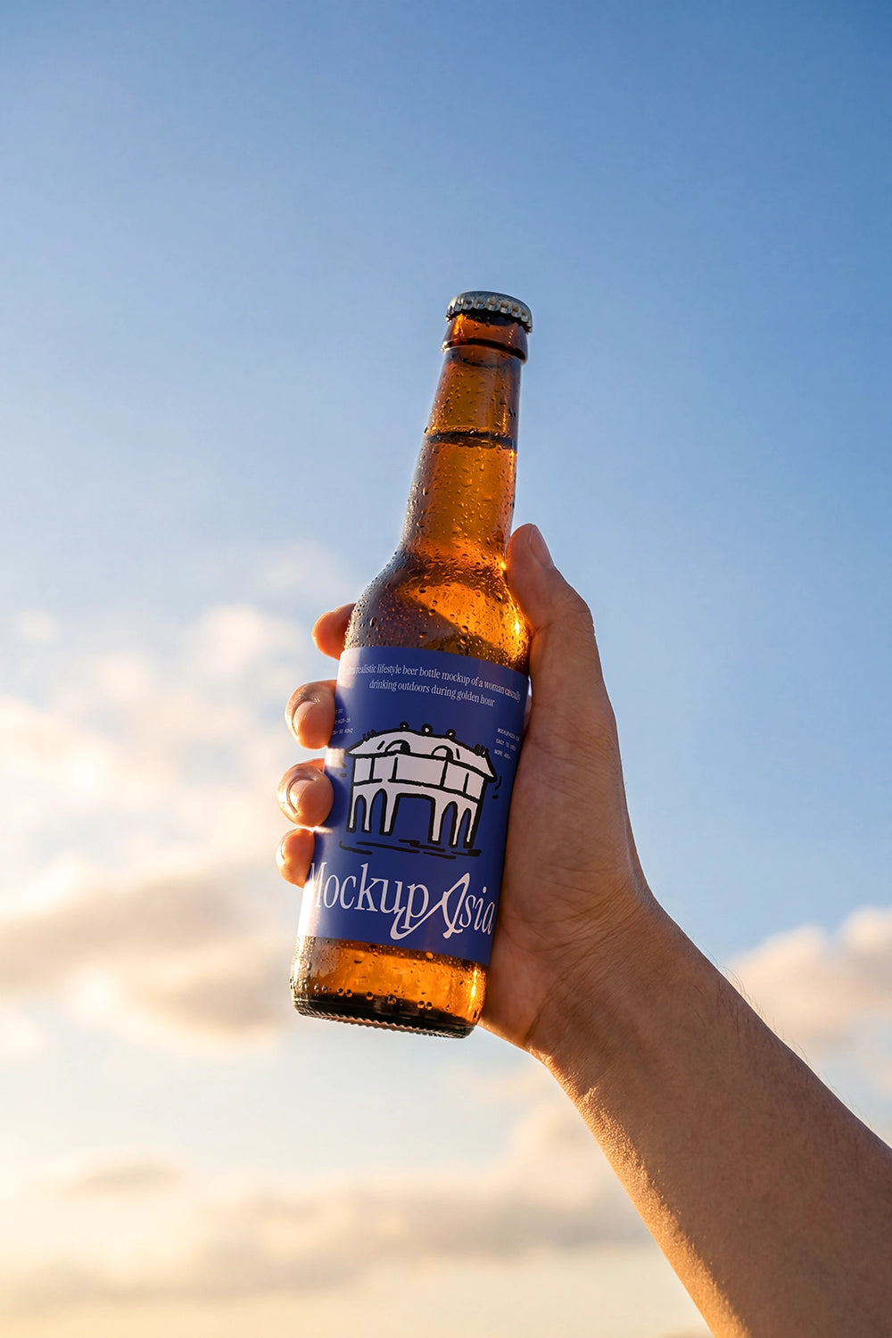 Outdoor beer bottle mockup with editable label and condensation texture