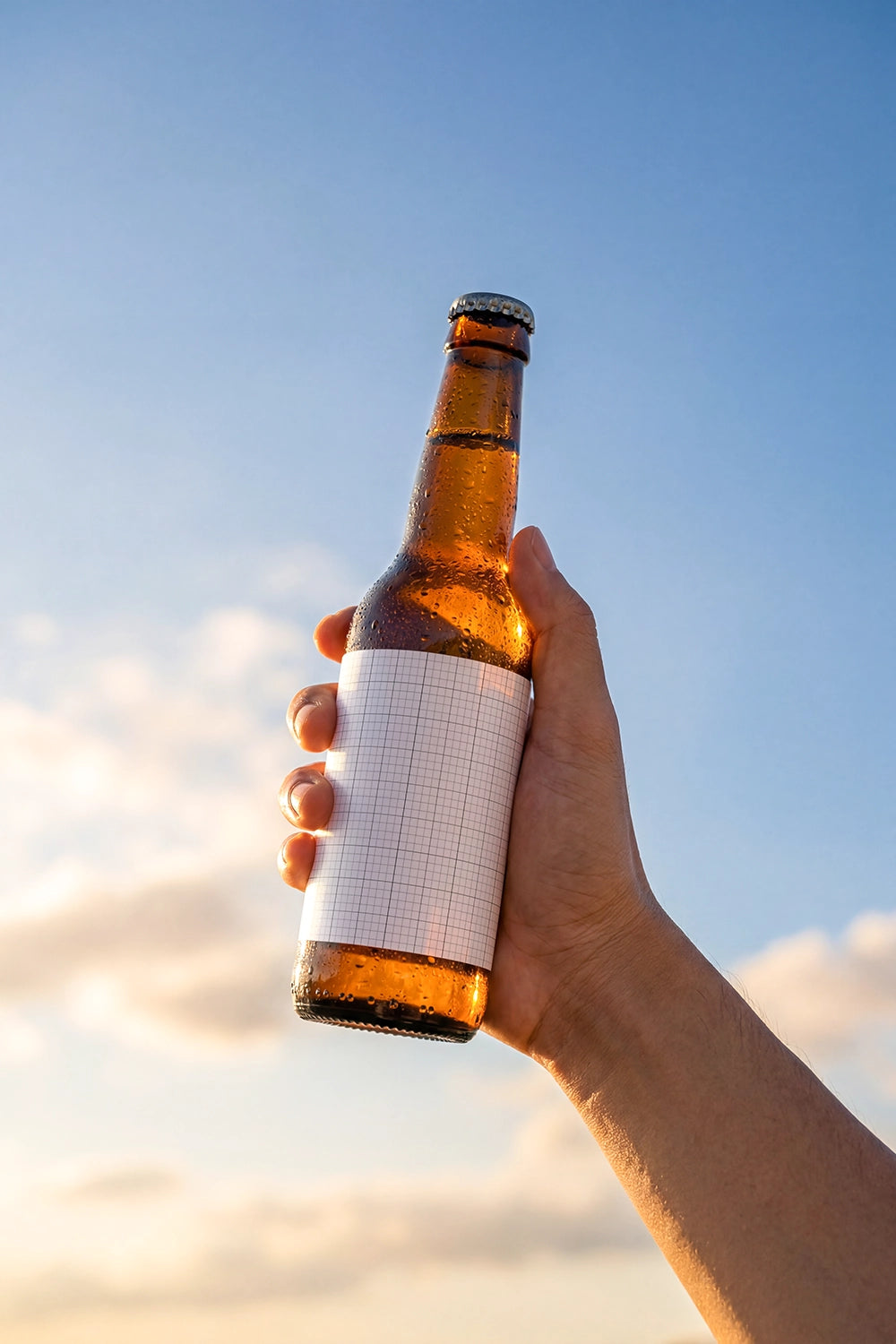Outdoor beer bottle mockup with editable label and condensation texture