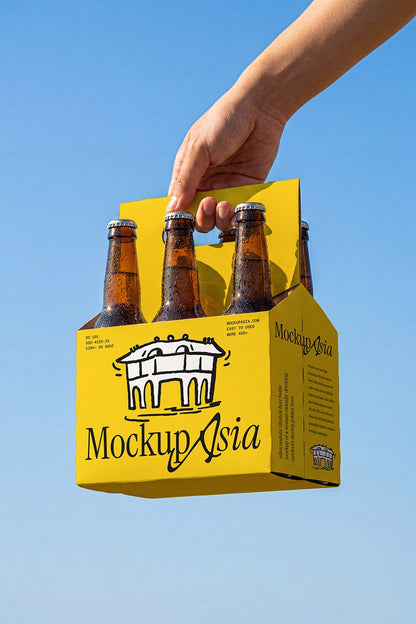 Beer carrier box mockup held outdoors with amber glass bottles