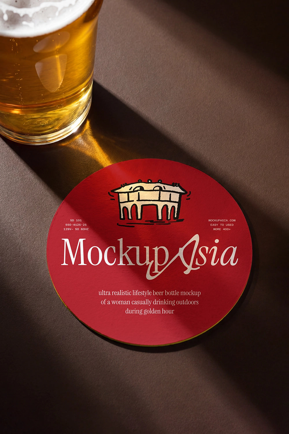 Bar coaster PSD mockup beside glass of beer