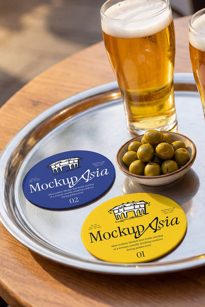 Bar coaster PSD mockup beside drinks and olives in hospitality setting