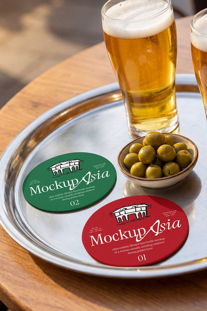 Beer mat mockup collection with realistic bar styling and editable surfaces