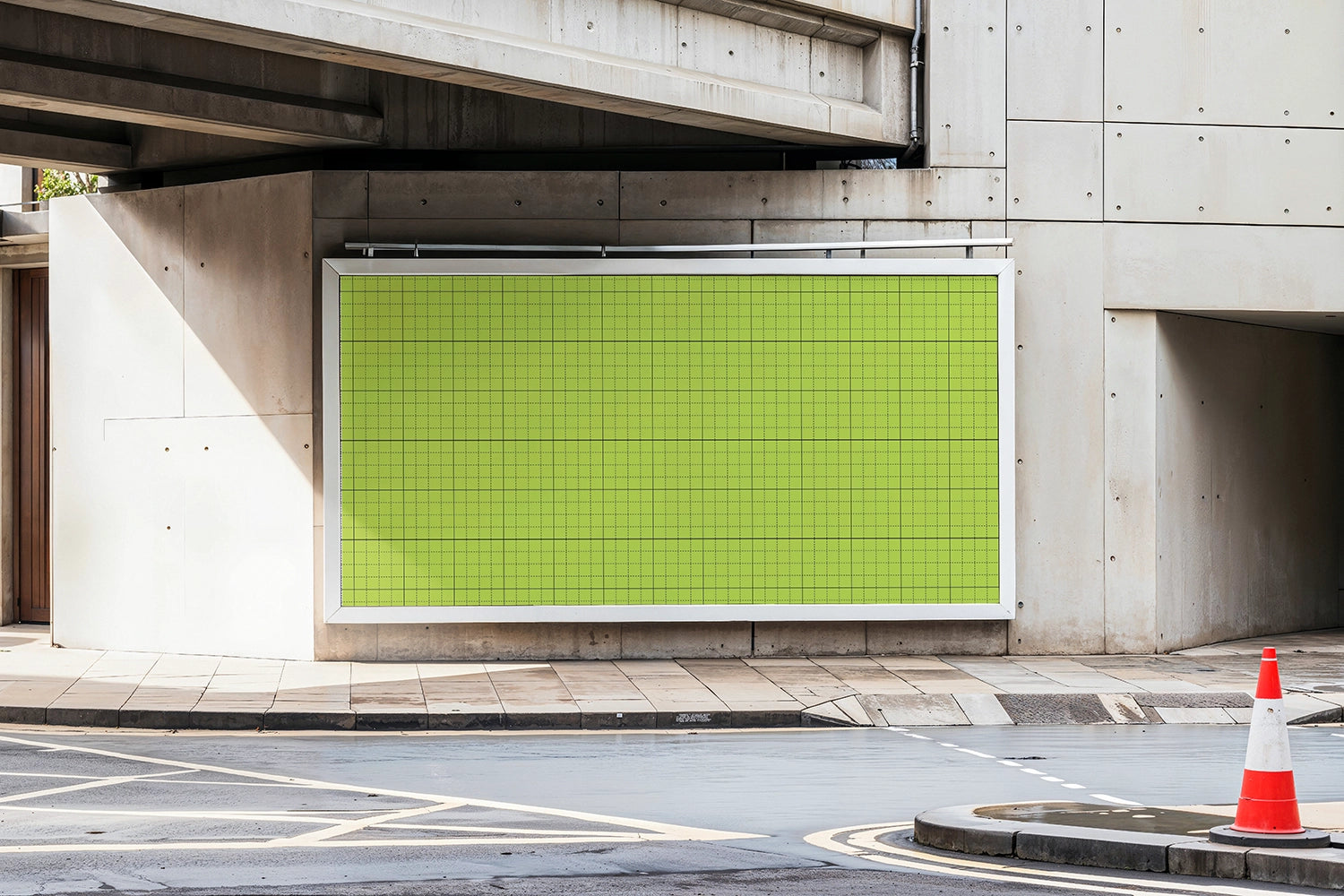 street billboard mockup on modern concrete structure with natural daylight and shadows