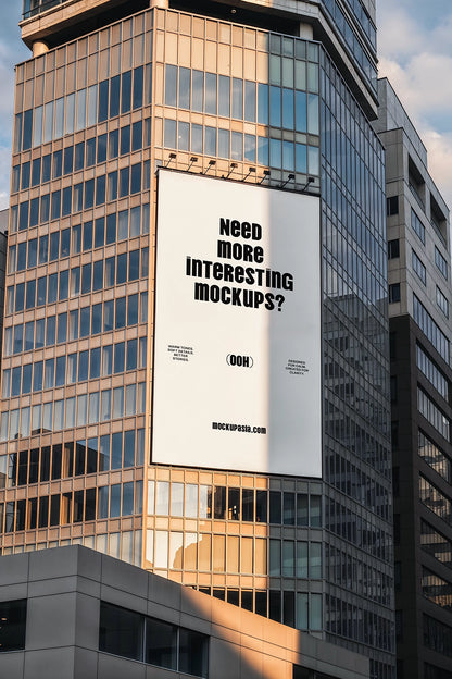 building billboard mockup on glass office facade with warm sunlight reflections