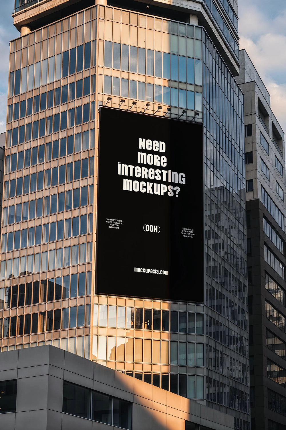 realistic outdoor billboard mockup on modern skyscraper with urban city background