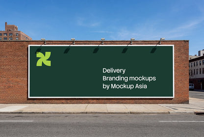 Wide urban billboard mockup with clean blank banner on city brick wall exterior