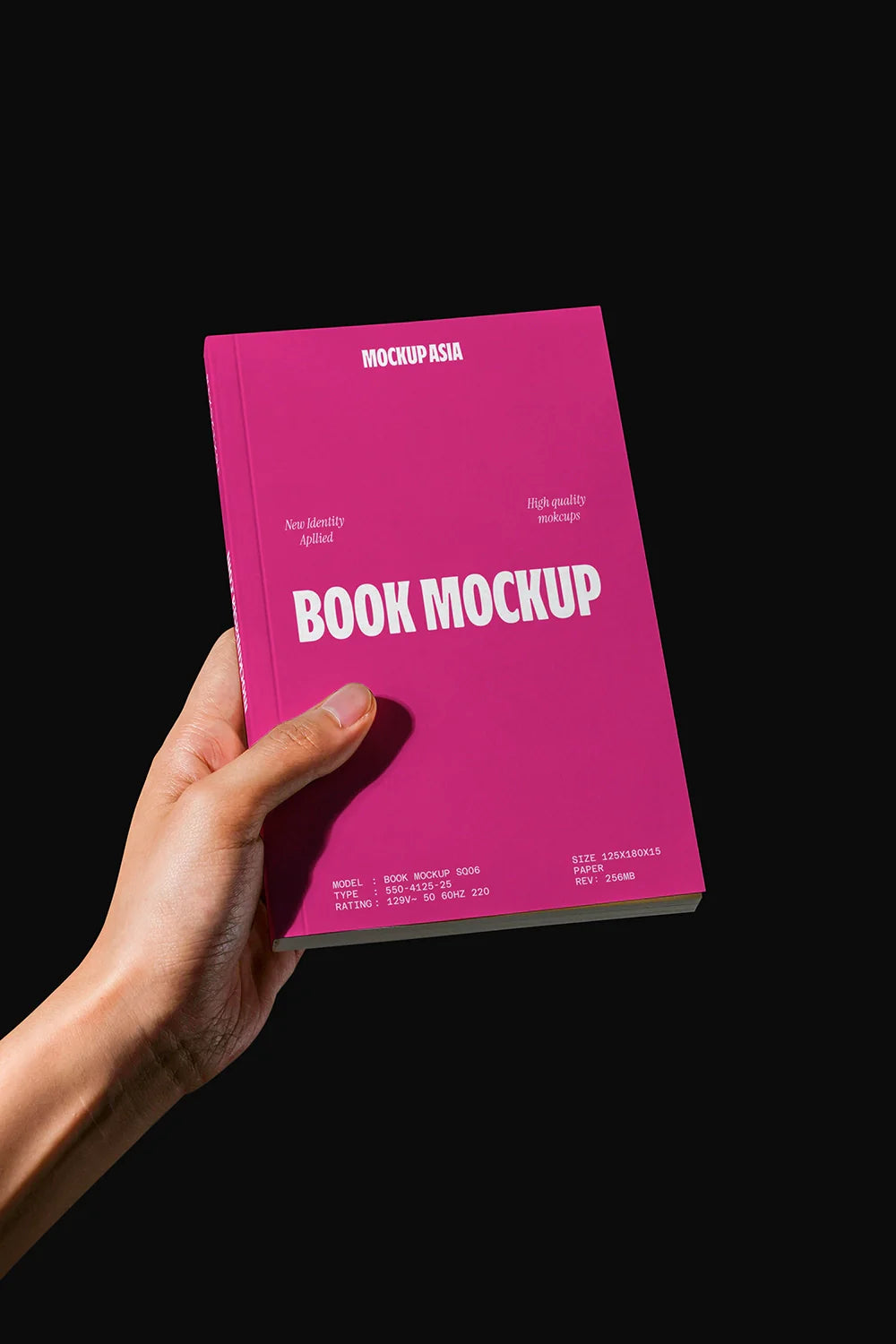 hardcover book mockup with clean cover design, realistic hand holding scene