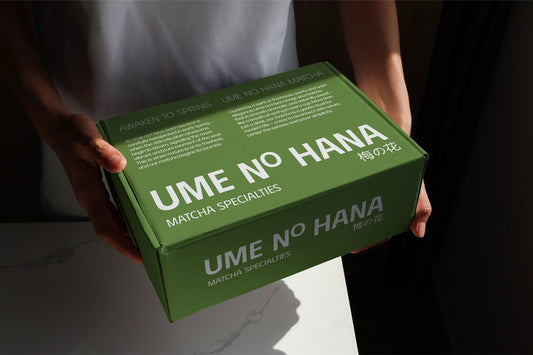 Packaging box mockup with green matcha branding held in hands with natural light shadow