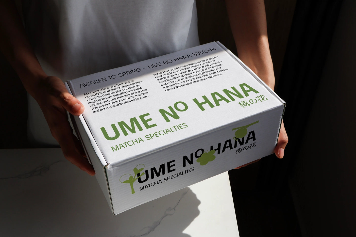 Box packaging mockup with minimal design and ume no hana matcha specialties branding