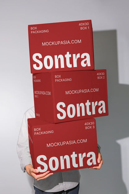 Box packaging mockup set with three stacked boxes in white green and pink branding design