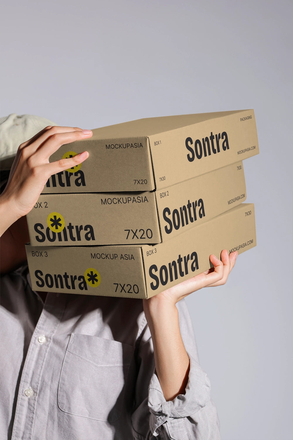 Ecommerce box mockup with stacked parcels and modern typography design minimal background