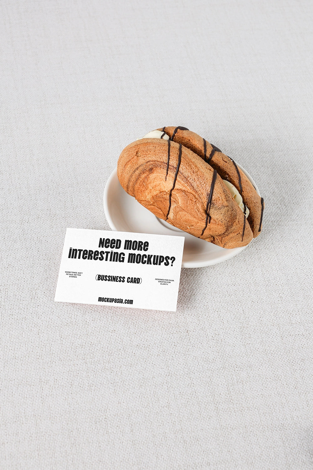 business card mockup on table with bread plate and minimal food styling setup