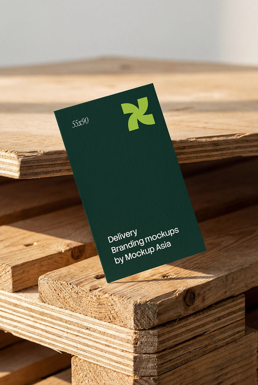 Standing business card branding mockup on wooden pallet

