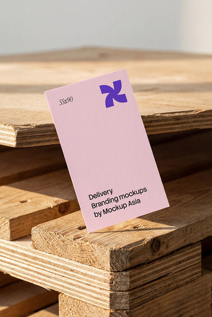 Business card mockup PSD with standing card on wooden pallet