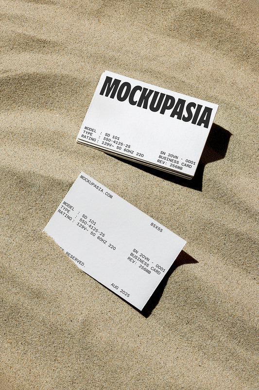 business card mockup on sand with natural sunlight shadows and minimal layout