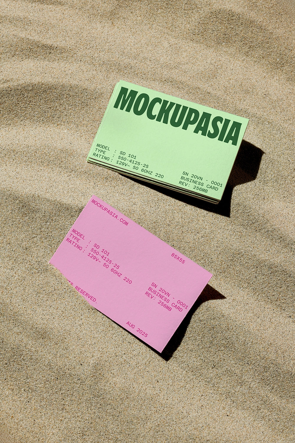 stationery mockup with business cards in beach setting and soft shadow lighting
