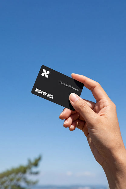 realistic plastic rounded card mockup in hand for membership id or gift card outdoor sky background