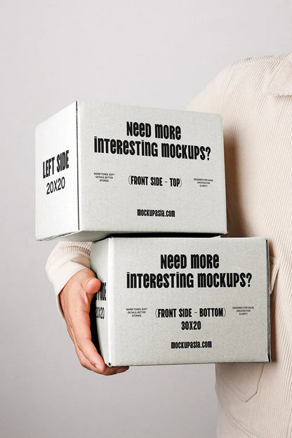 Shipping box mockup with two stacked cardboard boxes held in hands minimal background