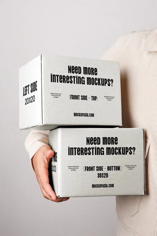 Shipping box mockup with two stacked cardboard boxes held in hands minimal background