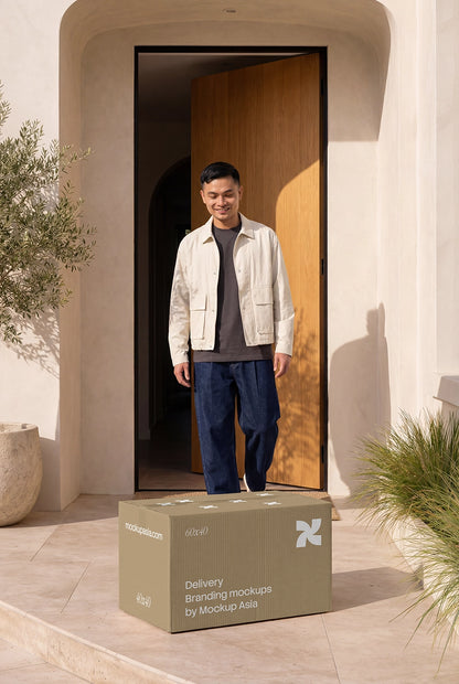 Realistic cardboard delivery box mockup at residential doorstep