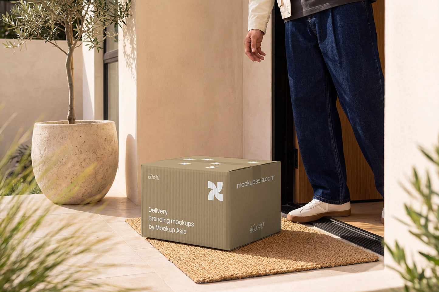 Realistic doorstep packaging mockup for subscription and courier branding