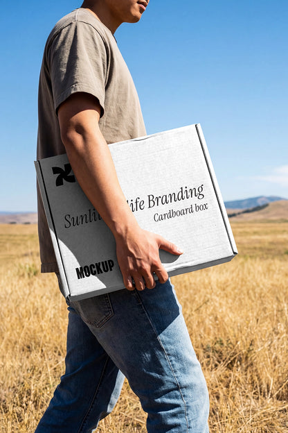 cardboard box mockup held in hand outdoor with natural sunlight and field landscape background