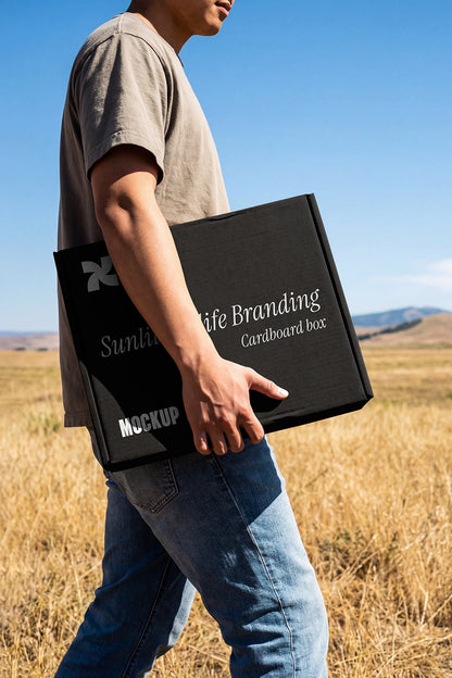 realistic packaging box mockup carried by person in countryside with soft natural lighting