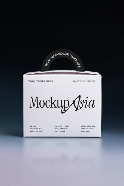 Minimal paper box packaging mockup with realistic handle and branding design