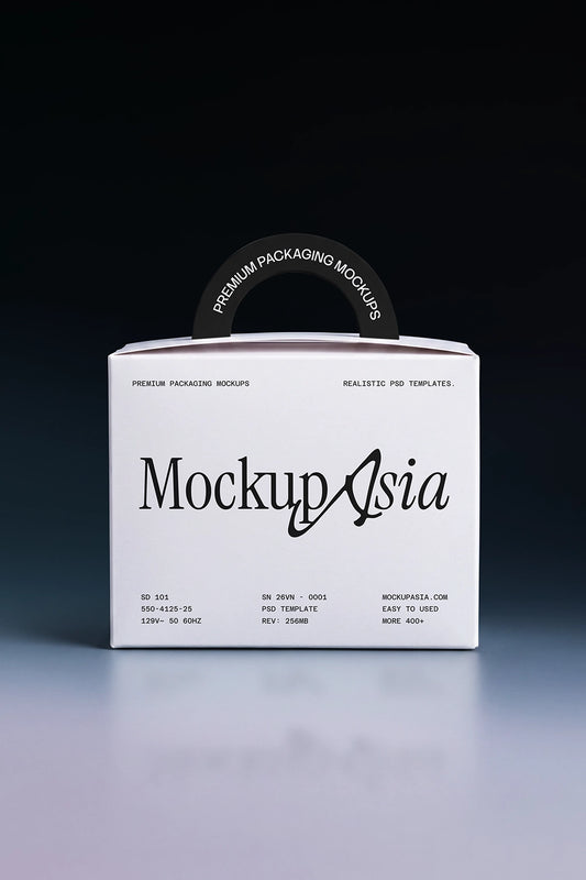 Minimal paper box packaging mockup with realistic handle and branding design