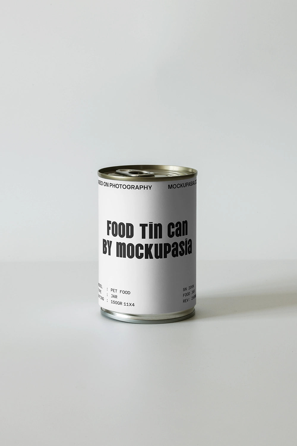 food tin can mockup isolated on clean background with minimal design and soft shadow