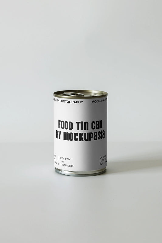 food tin can mockup isolated on clean background with minimal design and soft shadow