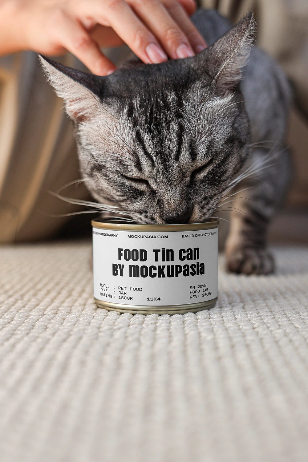 pet food tin can mockup with cat eating from can and realistic lifestyle scene
