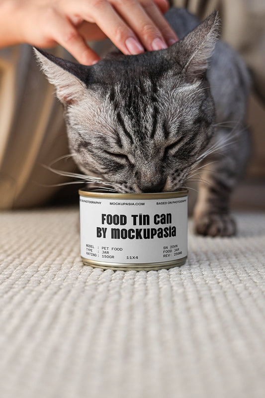 pet food tin can mockup with cat eating from can and realistic lifestyle scene
