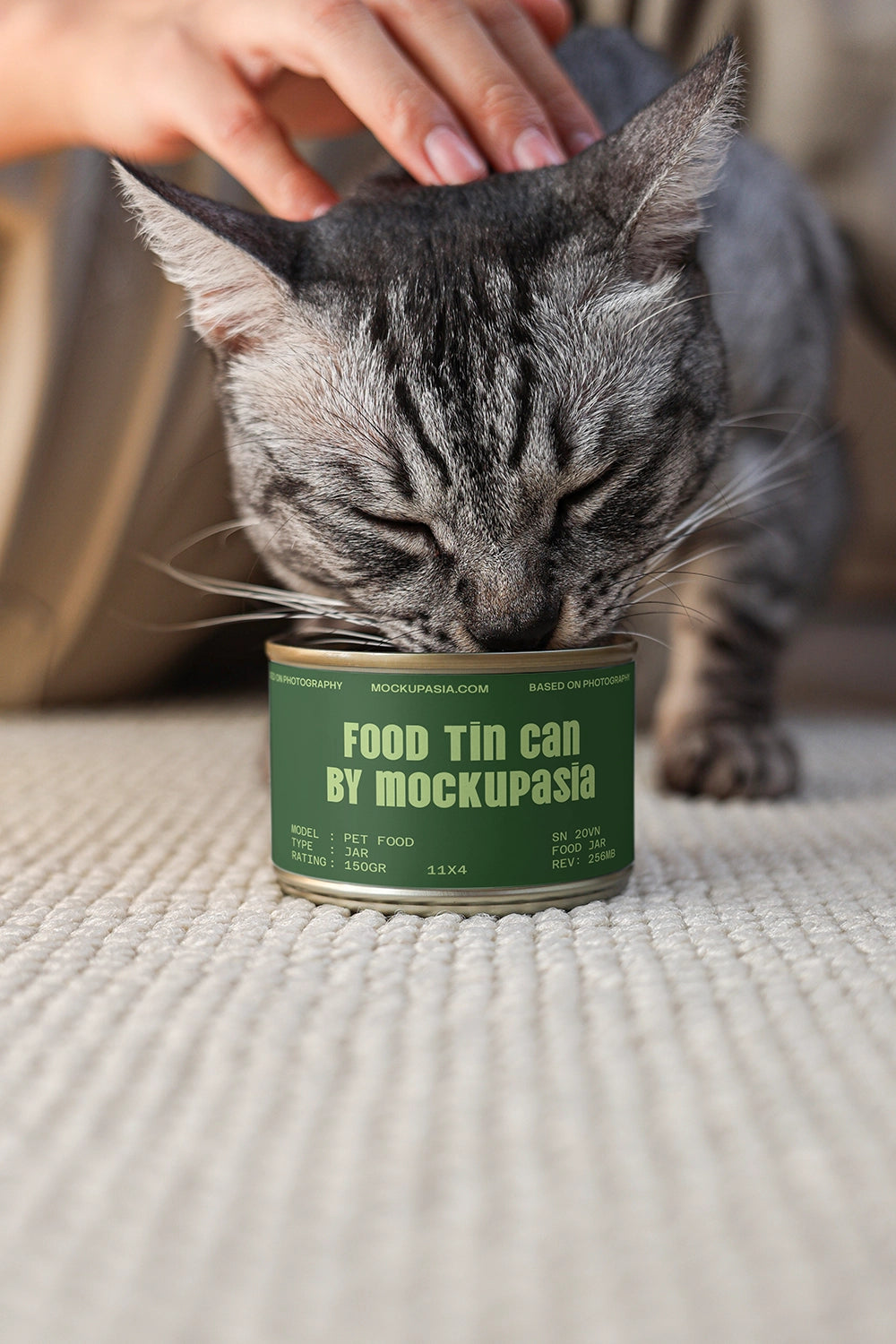 realistic food tin can mockup with cat interaction and branding label design