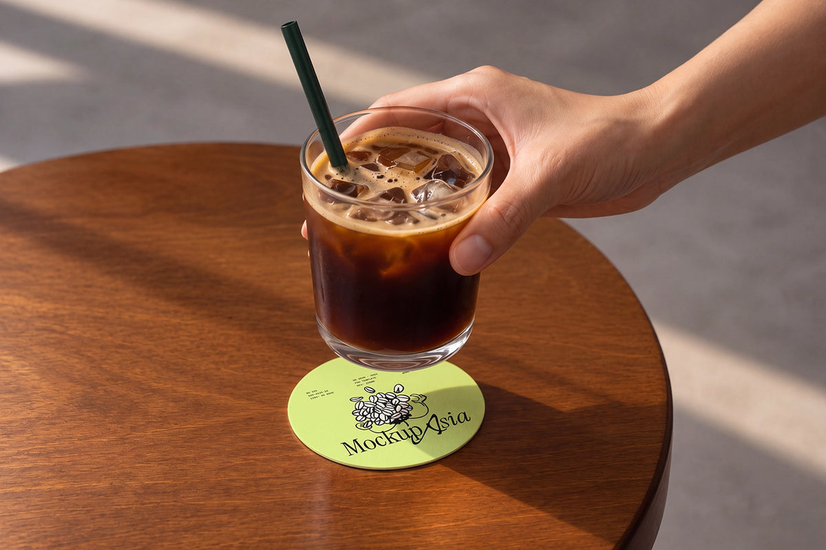 Café table branding coaster mockup hand holding coffee glass